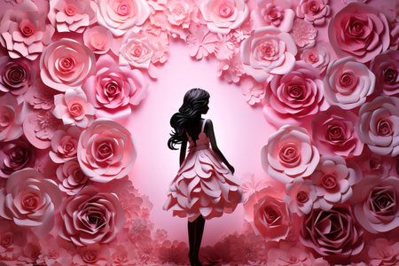 Pink roses paper cut flowers with silhouette of woman walking. Women's Day conceptual bannerの素材
