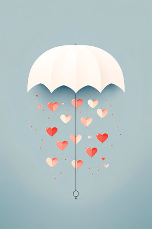 Umbrella and rain hearts falling over blue background. Vertical minimal illustration designの素材