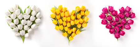 White, yellow and purple tulips in bouquet heart shapes over white background layoutの素材