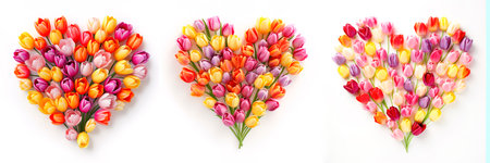 Colorful tulips in heart shape bouquet over white backgroundの素材