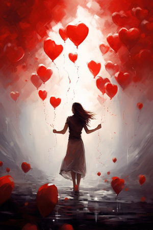 Romantic oil painting of woman holding heart shape red balloons. Vertical designの素材
