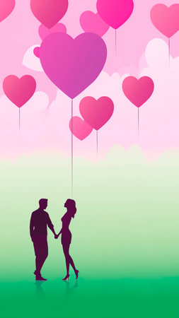 Valentine's Day minimalist vertical banner with couple silhouette and heart shape balloons in the airの素材