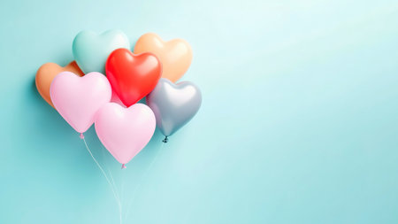 Floating heart shape colorful balloons over blue background with copy space for text. Valentine's Day concept bannerの素材