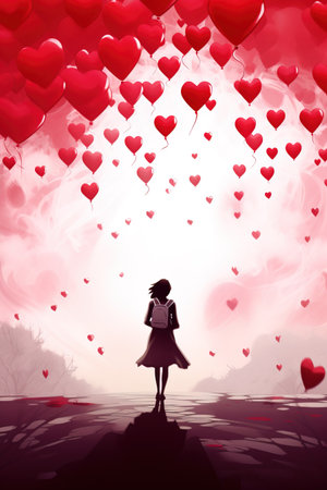 Illustration of woman walking alone searching for love. Vertical design, Valentine's Day conceptの素材