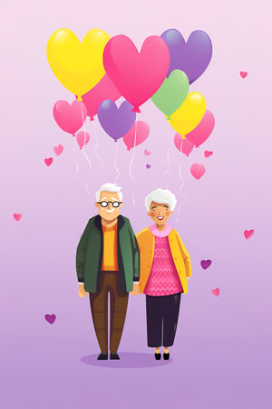Colorful minimal illustration of senior couple walking holding hands and colorful balloons over purple backgroundの素材