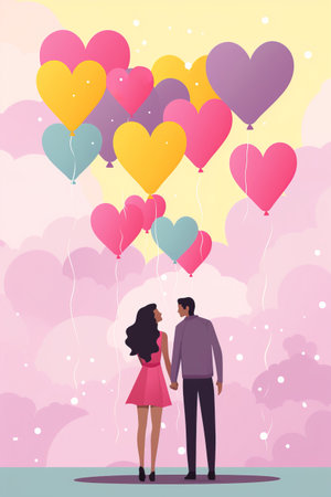 Modern minimal illustration of couple with colorful balloons of heart shapes floatingの素材