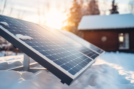 Close up shot of solar panels in winter in cabin house in the mountains. Sustainability energy conceptの素材