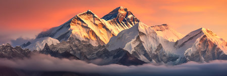 Mount Everest, Himalayas at sunrise with rocky snowy peak mountainsの素材