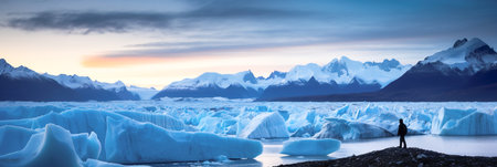 Perito Moreno Glacier, Argentina at Blue Hour with silhouette of tourist walkingの素材
