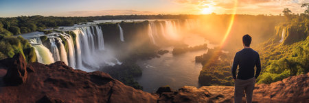 Back view of man admiring greatness of Iguazu Falls, Argentina and Brazil natural panoramic landscapeの素材