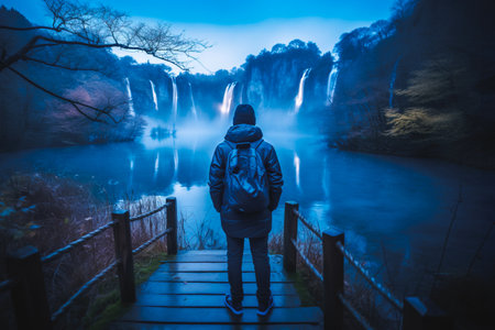 Backpacker of man walking on rustic wooden dock in Plitvice National Park, Croatia, blue hourの素材