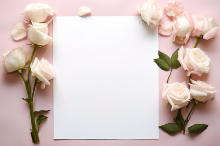 A blank sheet of paper surrounded by roses with copy space for advertisement. Valentine's day conceptの素材