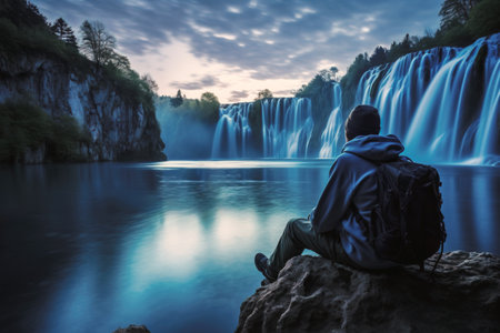 Backpacker sitting by a lake surrounded by epic waterfalls in Plitvice National Park, Croatiaの素材