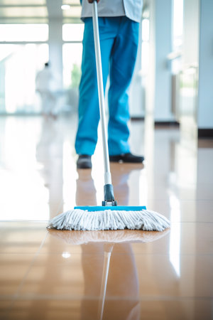 Close up shot of an unrecognizable person cleaning the floor with a mop in a hospital hallの素材