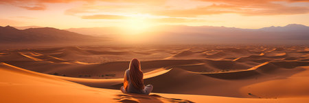 Back view of woman wearing full cover outfit sitting in the dunes of Sahara Desert, Africa at golden sunset. Panoramic shotの素材