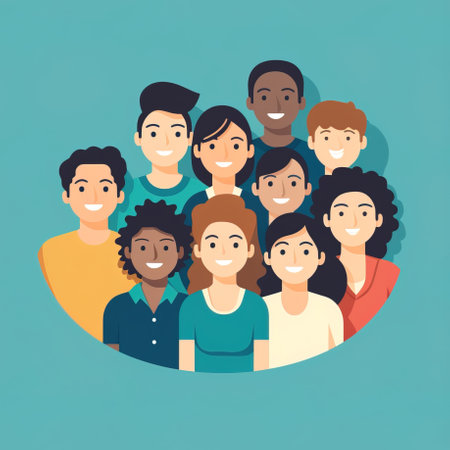 Circle banner cartoon image of a group of people all together as one. Minimalist illustration of conceptual banner representing humanity and solidarityの素材