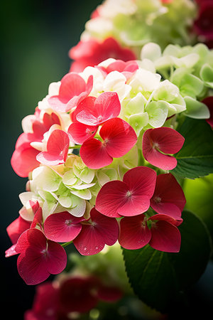 White and red hydrangea flowers. Close up shot. Vertical imageの素材