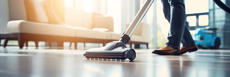 Low angle view of unrecognizable man cleaning floor with vacuum at homeの素材