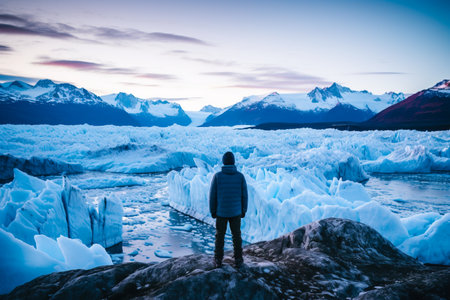 Back view of unrecognizable person admiring Perito Moreno Glacier, Argentina at blue hourの素材