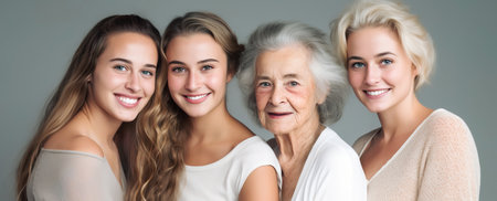 Female lineage of family in portrait of grand mother posing with her grand daughtersの素材