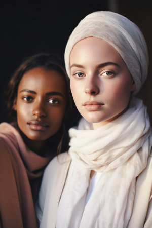 Two Muslim women of different ethnicities. Headshot close up vertical portraitの素材