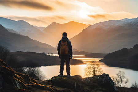 Man looking at majestic panoramic view of mountains and lake of Scotland, United Kingdomの素材
