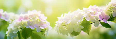 Close up image of Hydrangea flowers bush with sunbeam behindの素材