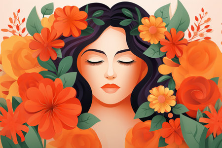 Banner design for Women Day with girl headshot surrounded by colorful flowers. Minimal style illustrationの素材