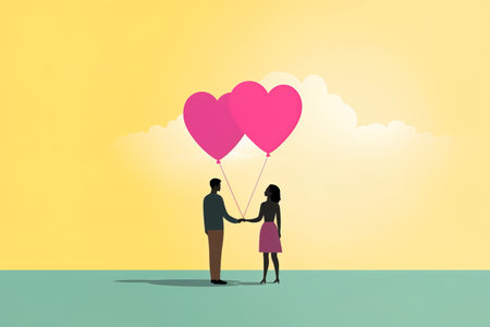 Romantic silhouette of couple holding heart shape balloons. Valentine's Day conceptual banner with copy spaceの素材