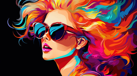 Colorful modern illustration of portrait of a woman with multicolor hairstyle and sunglasses. 80's vibes styleの素材