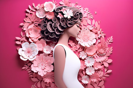 Paper cut design silhouette of a woman dressed in pink and white flowers. International Women's Day conceptの素材