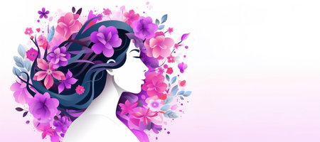 Banner design for International Women Day with flowers and face woman illustration and copy space for textの素材