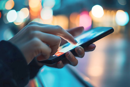Hand holding a mobile phone and typing a text message. Close up imageの素材