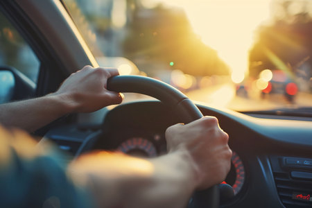 Man hands holding a steering wheel and driving a car, on the street. Close up imageの素材