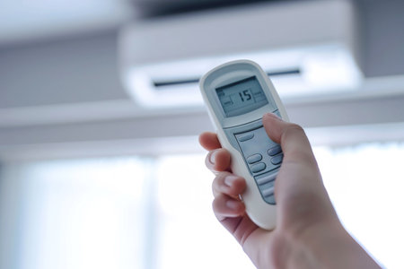 Close up image of hand holding an air conditioning remote control and adjusting the temperatureの素材