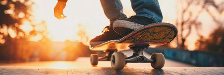 Low angle view of person using skateboard in the market. Panoramic imageの素材