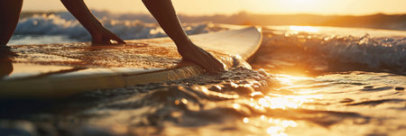 Close up image of surfer holding board with sunbeam in the ocean as backgroundの素材