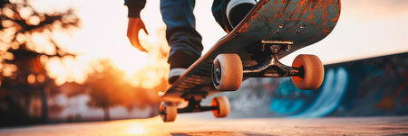 Skateboarding close up image of person doing a trick in skateparkの素材