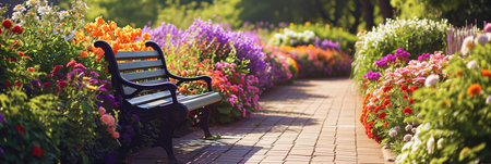 A wooden bench with beautiful flower garden in full bloom with no peopleの素材