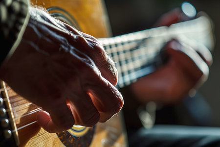 Close up of an unrecognizable mature man hand holding a guitar and playing a songの素材
