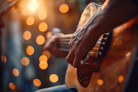Man hand holding a guitar and playing a song. Close up panoramic shotの素材