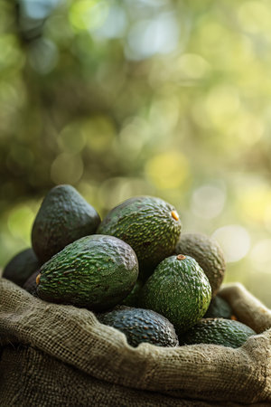 Avocado season with harvest bag full of avocados. Vertical imageの素材