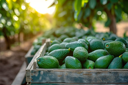 Wooden box full of avocados during harvest season. Close up imageの素材
