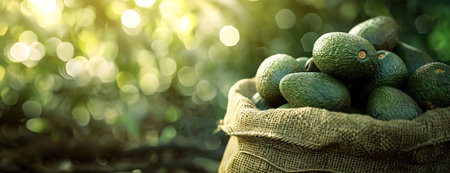 Burlap harvest bag full of avocados with copy space for advertisementの素材