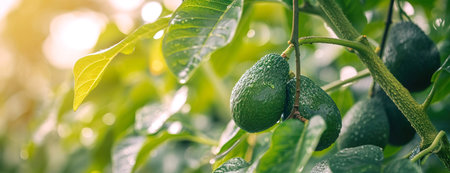 Organic fresh avocados plant growing in orchard. Healthy vegetables conceptの素材