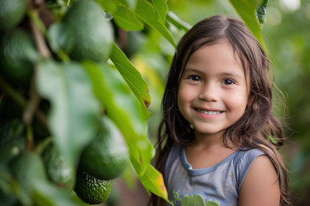 Happy Latin American little girl posing in a avocados orchards and smiling at cameraの素材