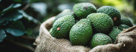 Close-up of a harvest bag full of delicious organic avocadosの素材