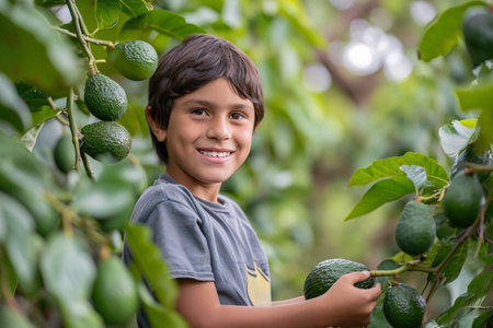 A Latin American boy picking avocados in harvest area and smiling at cameraの素材