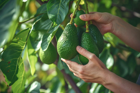 Close-up of hands picking avocados from tree branchの素材