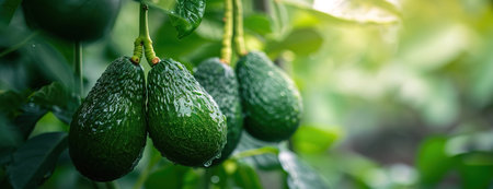 Organic ripe avocados plant growing on tree branch. Close up image with copy spaceの素材